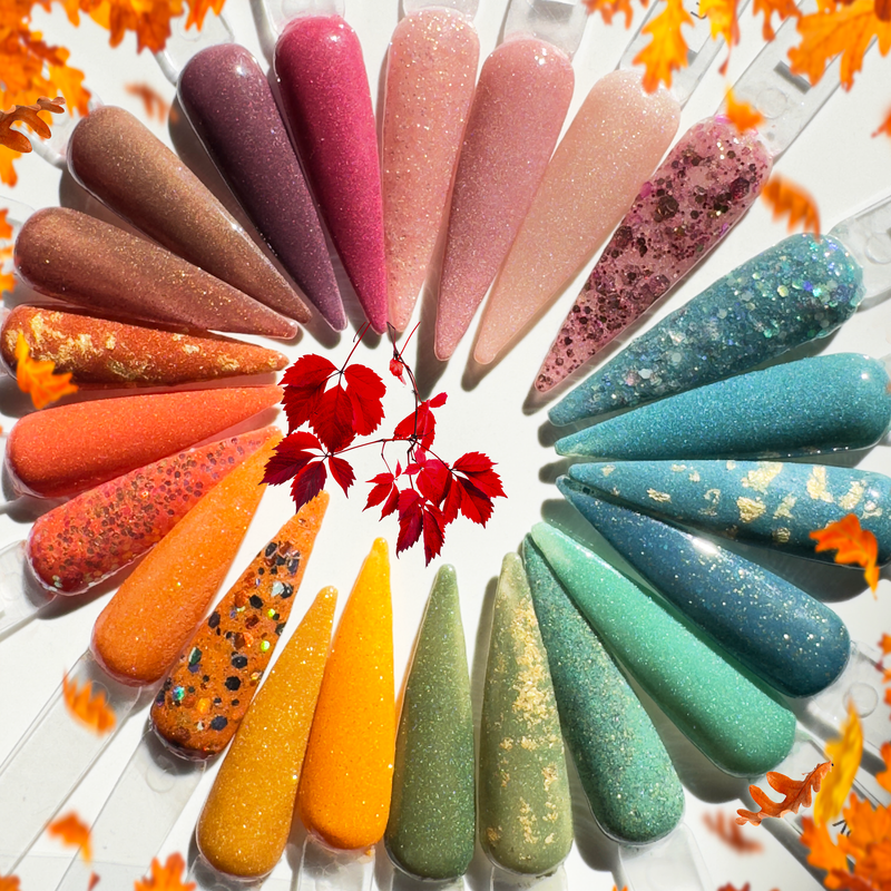 Leveraux dip powder nail autumn colourswith colorful swatches neatly arranged