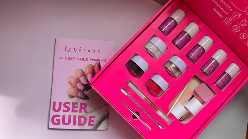 Dip Powder Starter Kits, that includes dip powder dolours, dip liquids and nails accessories by Leveraux