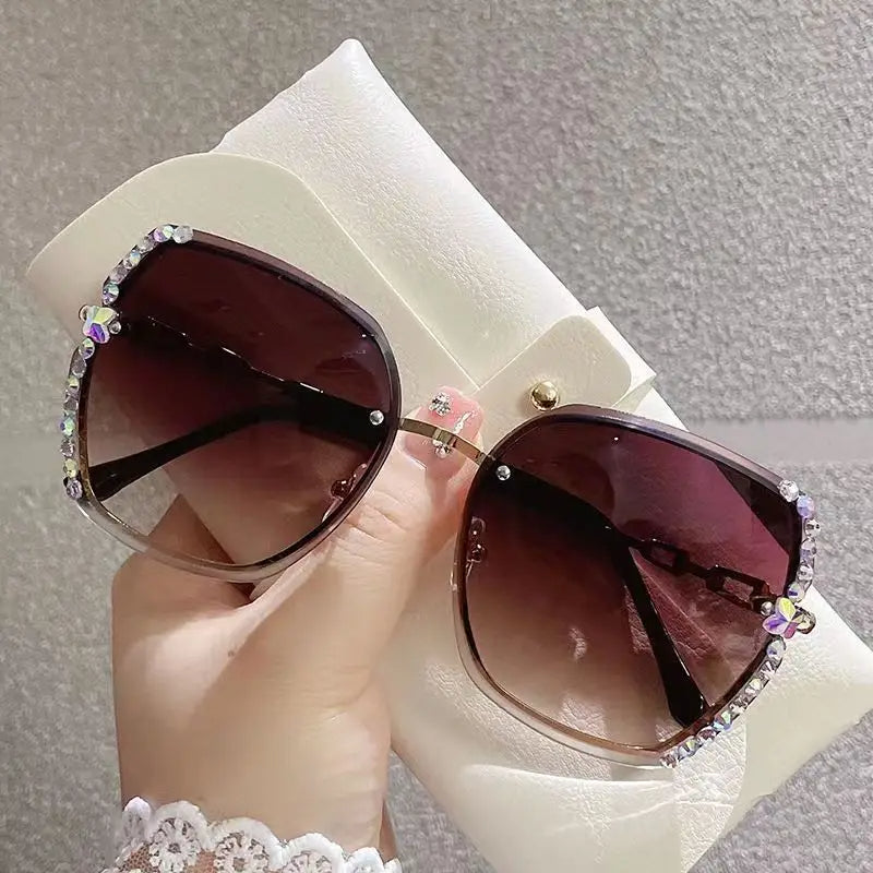 Diamond Rhinestone Shades - UV400 Large Frame Square Rimless Sunglasses for Women