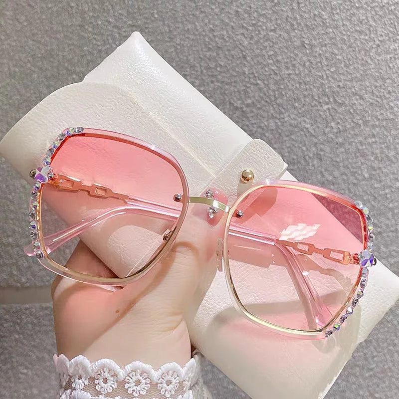 Diamond Rhinestone Shades - UV400 Large Frame Square Rimless Sunglasses for Women