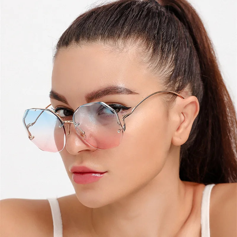 Frameless Ocean Gradient Retro Shaped Metal Oversize UV400 Sunglasses for Women
