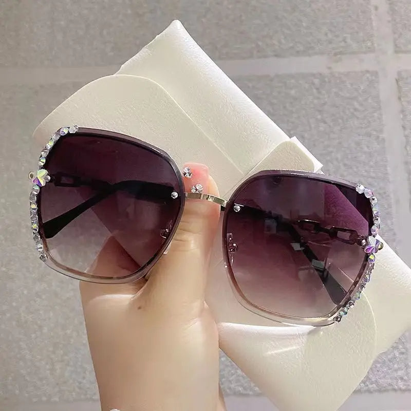 Diamond Rhinestone Shades - UV400 Large Frame Square Rimless Sunglasses for Women