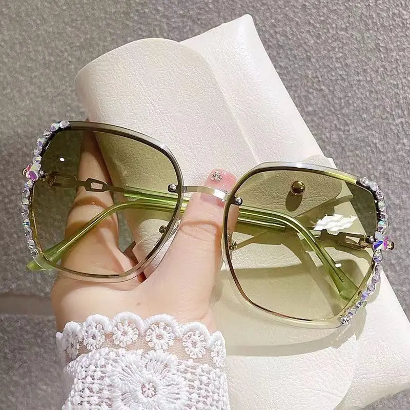 Diamond Rhinestone Shades - UV400 Large Frame Square Rimless Sunglasses for Women