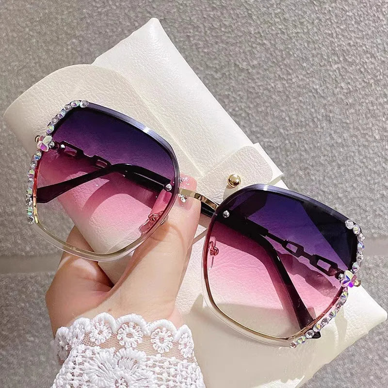 Diamond Rhinestone Shades - UV400 Large Frame Square Rimless Sunglasses for Women