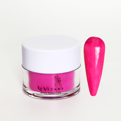Jar of pink nail dip powder with a matching nail on a white background