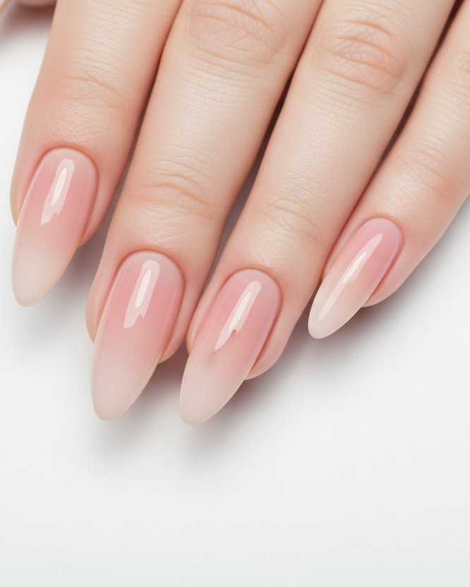a mani done using almond pre-shaped nail tips