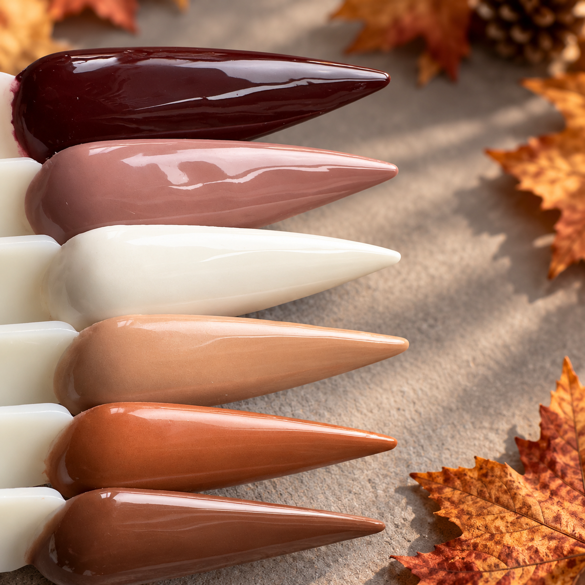 LeVeraux autumn dip powder nail colour swatches in burgundy, mauve, nude, caramel and brown shades