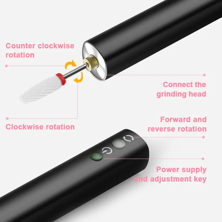 portable nail drill kit showing drill, charging cable, and interchangeable bits.