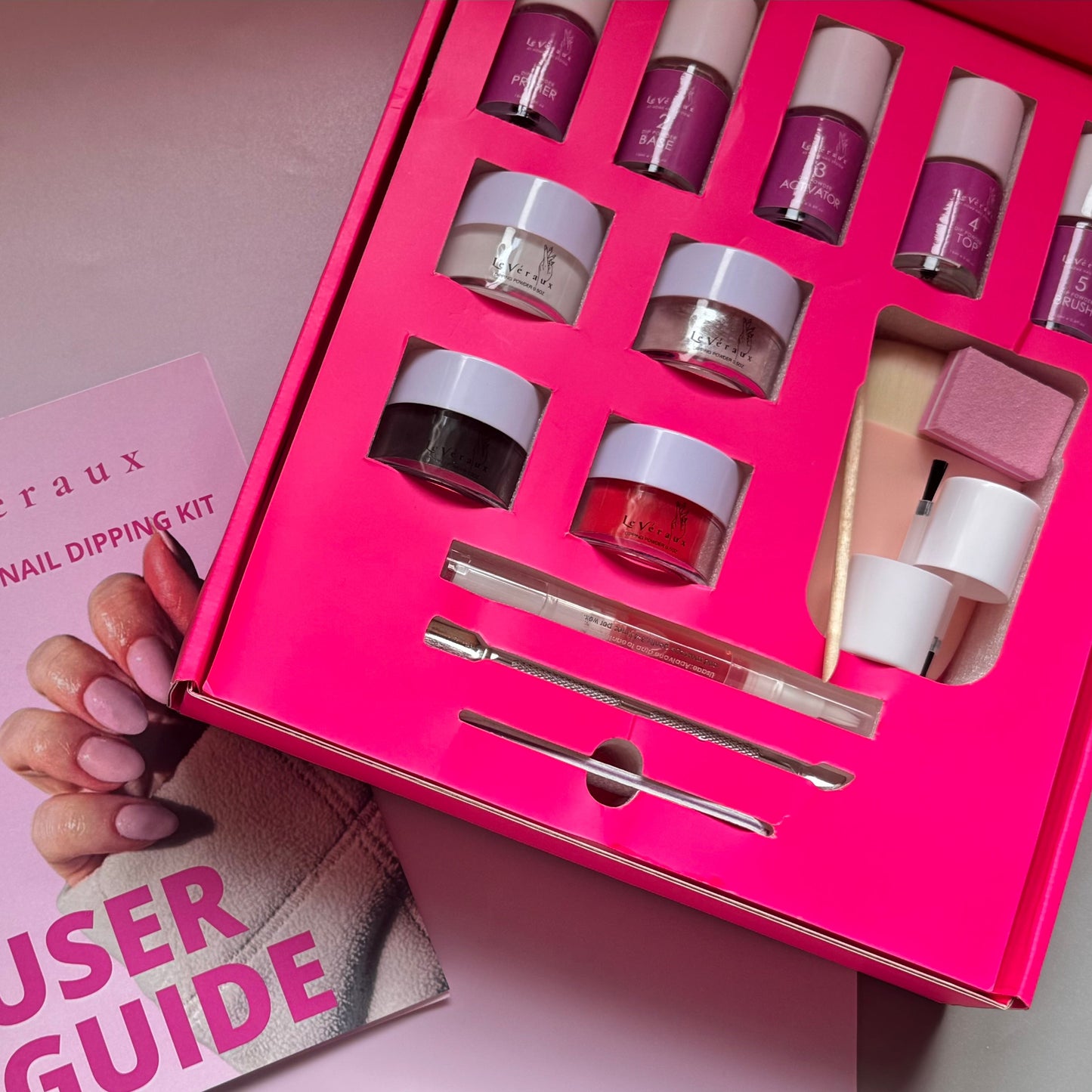 dip powder starter kit with dip liquids and nail acesssories included.