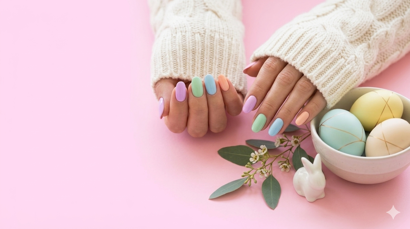 A high-resolution photograph of a hand with a professional, glossy dip powder manicure featuring pastel Easter designs of bunnies, flowers, and eggs. Created with an easy-to-use dip powder starter kit for beginners.
