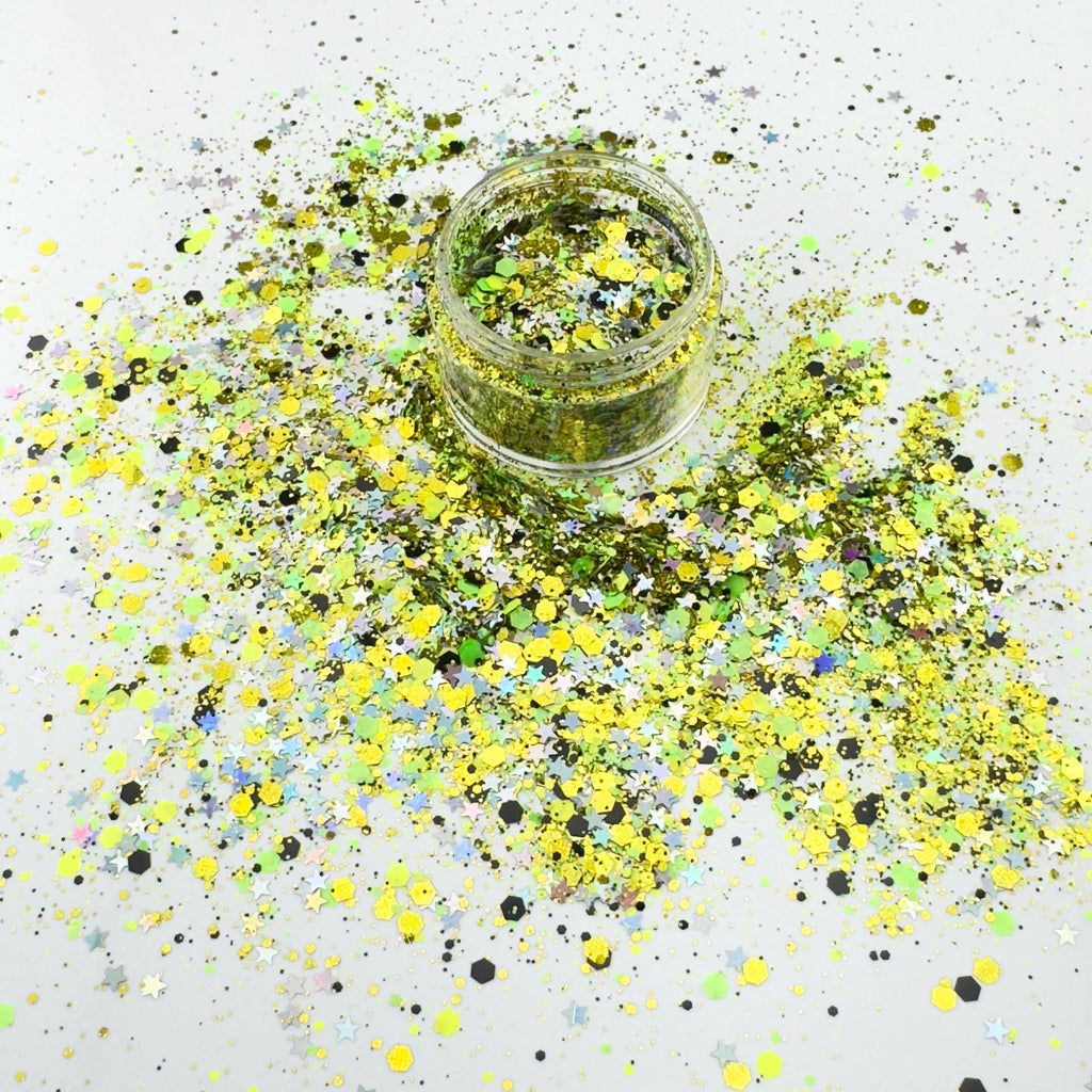 Neon Lime Halloween Glitter Mix: Black & Silver Star Confetti