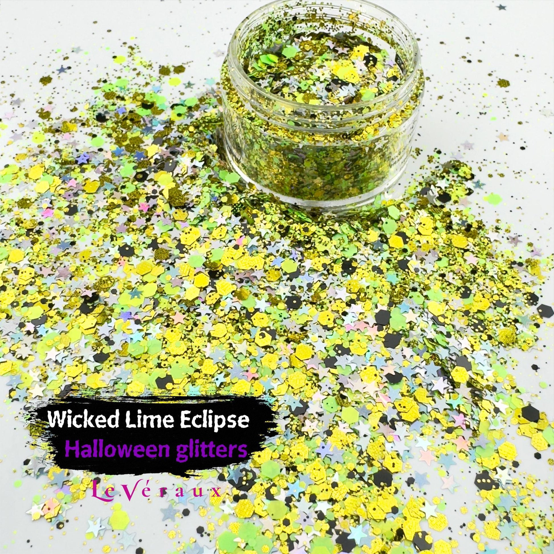 Neon Lime Halloween Glitter Mix: Black & Silver Star Confetti