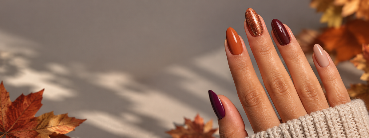 LeVeraux autumn dip powder nails in burgundy, burnt orange, copper and nude shades