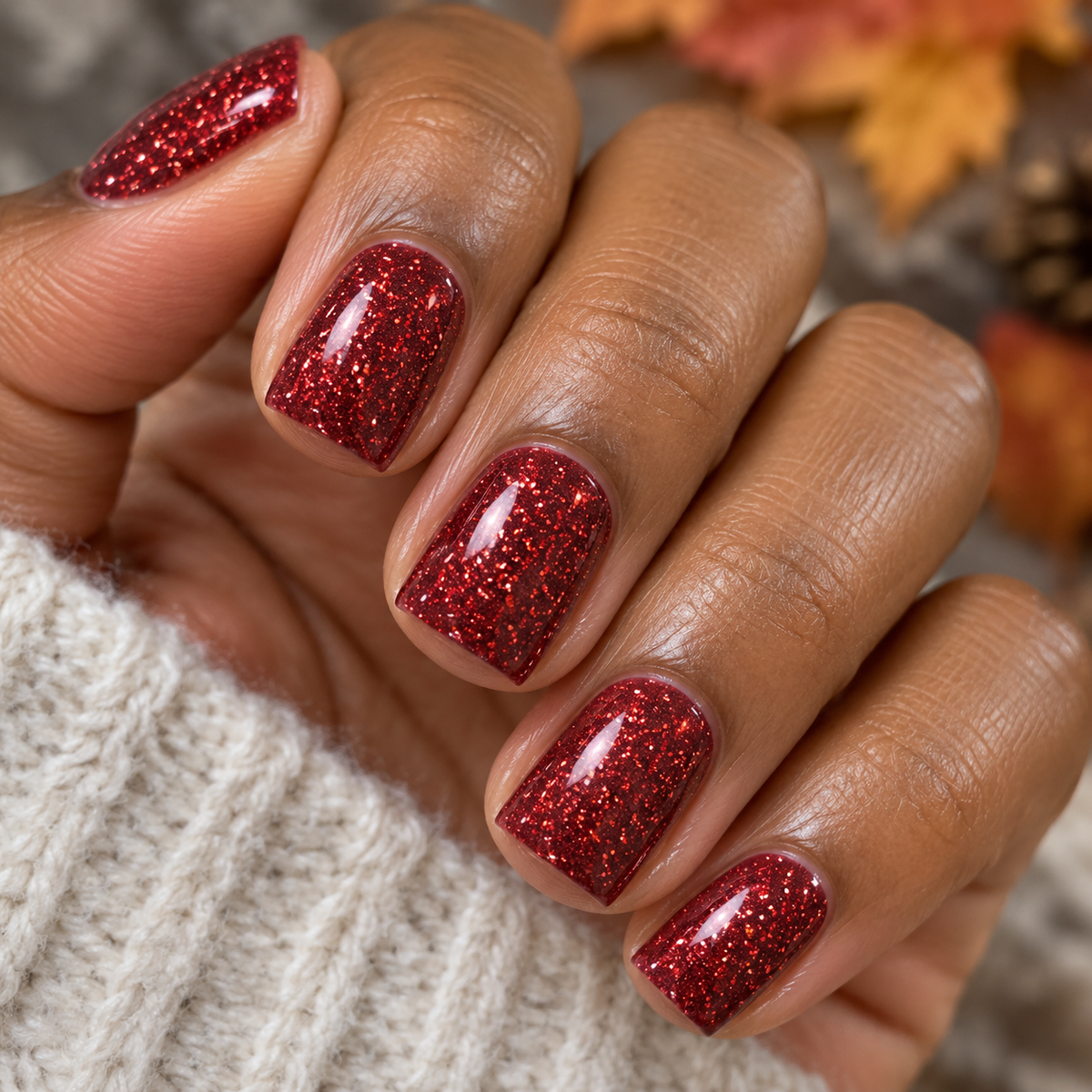 LeVeraux burgundy red glitter dip powder on short square nails with a glossy finish