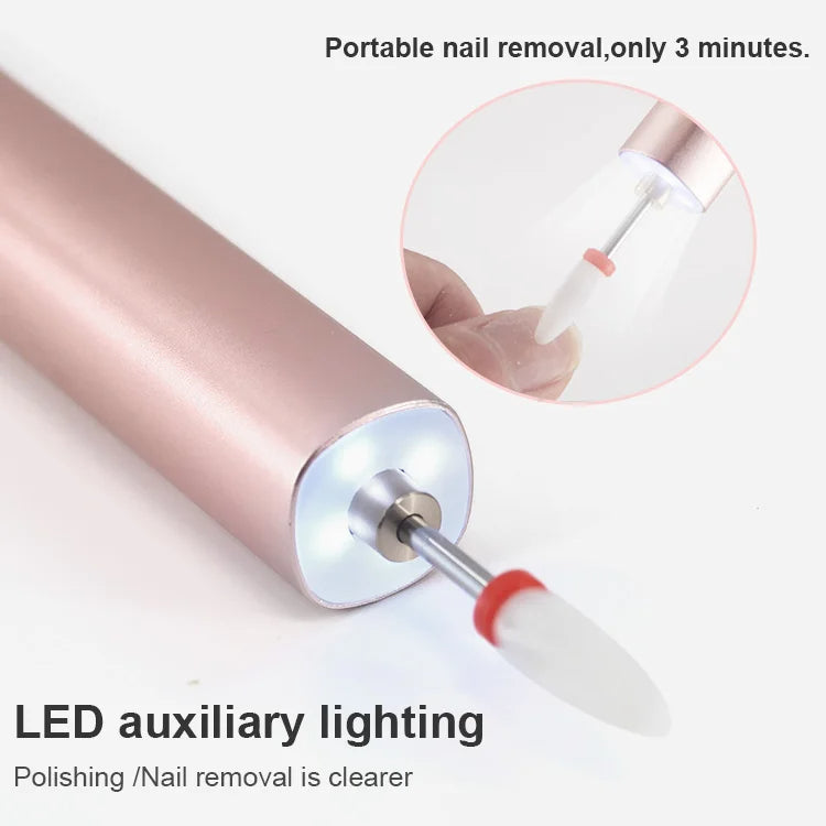 Full view of sleek, rechargeable cordless nail drill with ergonomic design for manicures and pedicures.