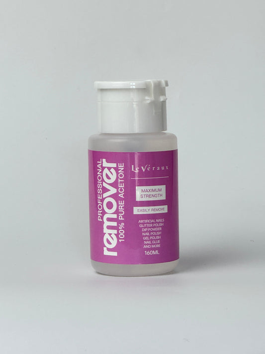 Clear bottle of pure acetone nail remover used for removing gel, acrylic, or dip powder nails