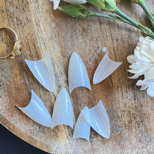Close-up of sharp stiletto-shaped nail tips showing tapered design in a tray